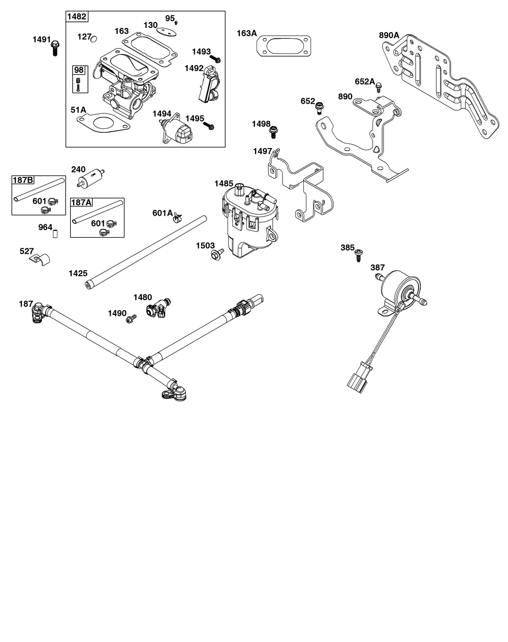 Throttle Body And Fuel Supply Group Diagram and Parts List for 61G477-0005-J1 400000 - 699999 Briggs and Stratton Engine